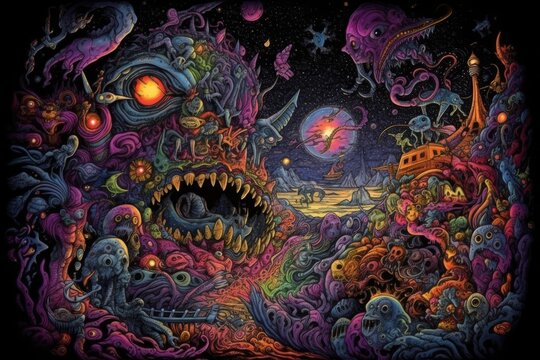 Psychedelic illustration of a nightmare with strange creatures and figures, cosmic fantasy - generative ai