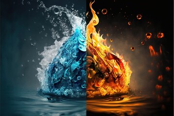 Fire and water. Realism, red, blue, opposition of elements. Illustration. AI