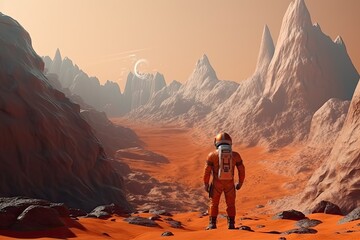 Fototapeta premium Surreal view from the orange planet with astronaut looking at the landscape, sci-fi illustration - generative ai