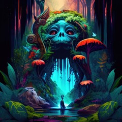 Fototapeta premium A virtual world within a fantasy landscape in the rainforest. Backdrop, background design of jungle, spiritual and magical science fiction and tribal psychedelic, trippy environment. Generative AI