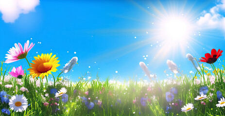 Fototapeta na wymiar blooming spring flowers on field meadow against blue sky in summer. Generative AI illustration