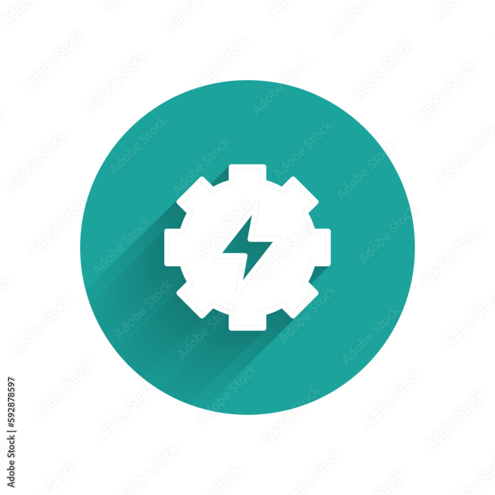 Poster white gear and lightning icon isolated with long shadow background. electric power. lightning bolt s