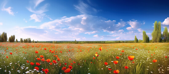 panorama with blooming spring flowers in field meadow against blue sky in summer. Generative AI illustration