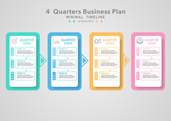 Minimal Infographics Business growth planning 4 quarter timeline multicolored by month For investment, marketing, finance, product, project gray gradient background