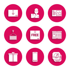 Set Cardboard box with free symbol, Mobile phone app delivery tracking, Pizza cardboard, Laptop, Gift, Container crane, Postcard and traffic icon. Vector