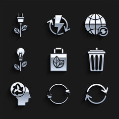 Set Paper shopping bag with recycle, Electric plug, Refresh, Trash can, Human head, Light bulb leaf, Planet earth and recycling and saving icon. Vector
