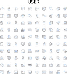 User outline icons collection. User, Profiles, Audience, Customers, Consumers, Visitors, Clients vector illustration set. Individuals, Buyers, Subscribers linear signs