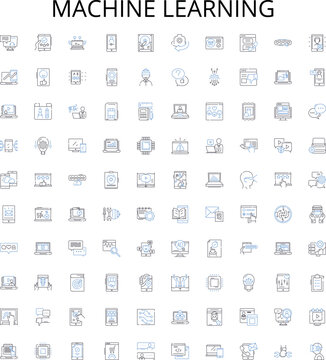 machine learning outline icons collection. machine, learning, AI, neural, networks, algorithm, data vector illustration set. prediction,supervised,unsupervised linear signs