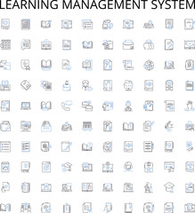 learning management system outline icons collection. LMS, Courseware, eLearning, Pedagogy, Training, Classes, Assessment vector illustration set. Certification, Tutoring, Analytics linear signs