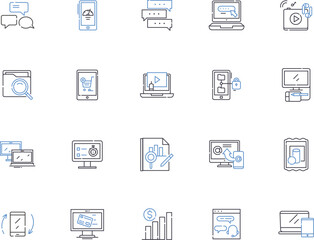 Innovation management outline icons collection. Strategy, Creativity, Planning, Design, Technology, Commercialization, Leadership vector and illustration concept set. Process, Intellectual, Investment