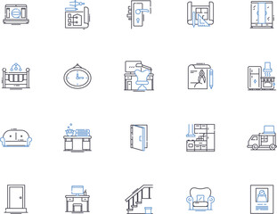 Interior design outline icons collection. Decorating, Furnishings, Fabric, Arrangement, Colours, Organization, Fixtures vector and illustration concept set. Updating, Planning, Layout linear signs