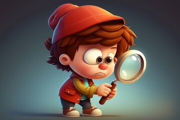 3D Illustration of a Kid Detective Holding a Magnifying Glass - obrazy, fototapety, plakaty