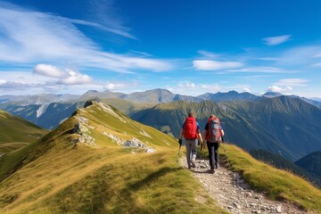 Fototapeta premium Couple hiking with backpack in austrian alps, ai generated, Generative AI