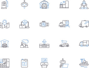 Machines outline icons collection. Robots, Automata, Engines, Automation, Computers, Motors, Gensets vector and illustration concept set. Machinery, Tools, CNC linear signs