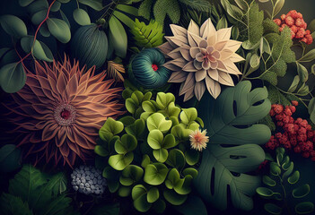 Plant Wall / Wallpaper / Background / Colorfull image / Leaves / Flowers / Vegetation / Vegetal Wall / Generative AI 