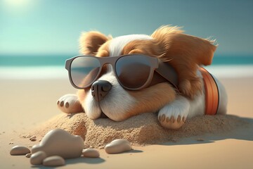 Cute Dog Sleeping on the Beach with black Sunglasses, Generative Ai