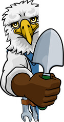 An eagle gardener cartoon gardening animal mascot holding a garden spade tool peeking round a sign
