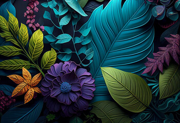 Plant Wall / Wallpaper / Background / Colorfull image / Leaves / Flowers / Vegetation / Vegetal Wall / Generative AI 