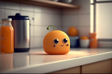 Cute cartoon orange sitting on a kitchen counter, Generative Ai