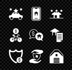 Set Car sharing, Online real estate, Real, Shield with dollar, House shield, Garage, Bicycle rental mobile app and Price negotiation icon. Vector