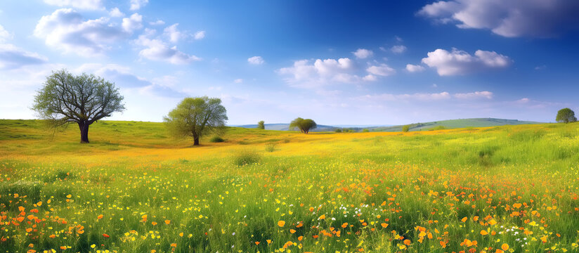 meadow field with flowers and trees on sunny summer day. Generative AI illustration