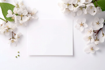 Empty horizontal blank of paper top view mockup with cherry blossom on white table. Flat card and bloom spring floral sakura for template of invitation, greeting, birthday. Generative AI