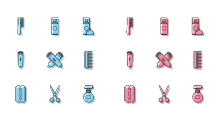 Set line Blade razor, Scissors hairdresser, Hairbrush, Cream lotion cosmetic tube, Crossed electrical clipper shaver, Electrical and Shaving gel foam icon. Vector