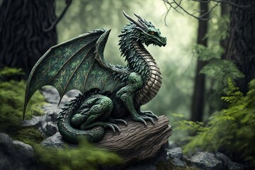 Fototapeta na wymiar Illustration of a dragon in forest, mountain landscape created with Generative AI technology