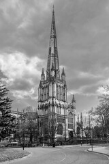 Bristol, England, UK: The gothic church of Saint Mary Redcliffe in black and white
