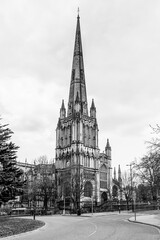 Bristol, England, UK: The gothic church of Saint Mary Redcliffe in black and white