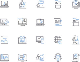 Workplace outline icons collection. Job, Office, Building, Desk, Employee, Team, Environment vector and illustration concept set. Supervisor, Floor, Meeting linear signs