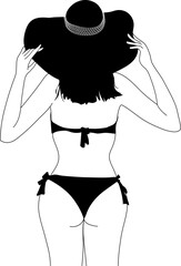 Woman's body in bikini beach ware with big hat line art