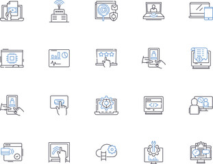 Business software outline icons collection. Accounting, ERP, CRM, Office, Purchasing, Invoicing, Planning vector and illustration concept set. Analytics, Reporting, Bookkeeping linear signs