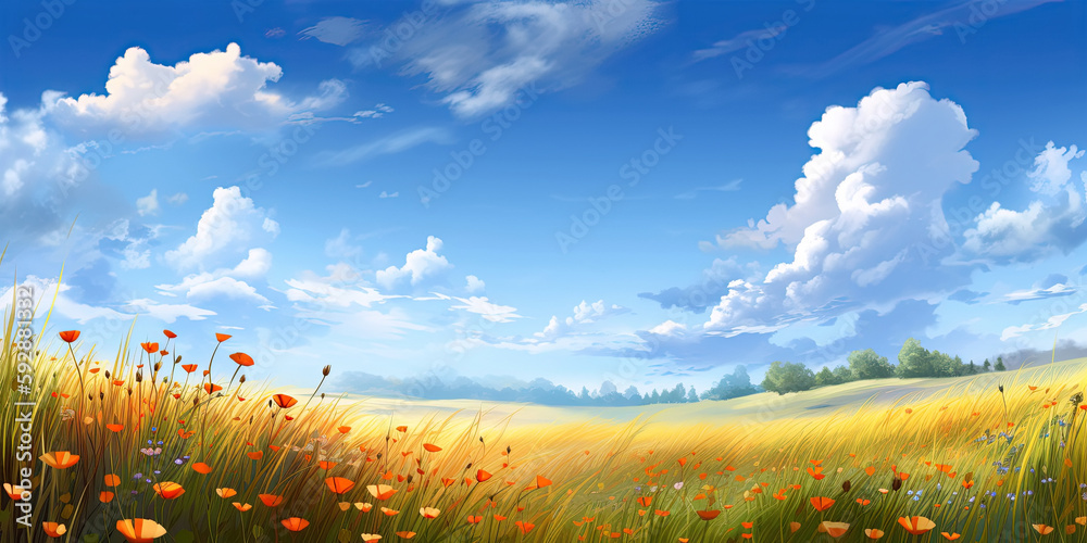 Canvas Prints panorama of meadows fields with flowers in summer under a sky. generative ai illustration