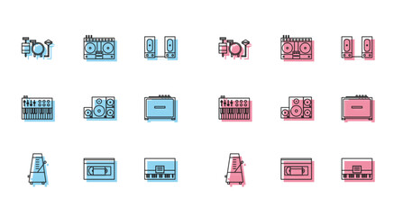 Set line Metronome with pendulum in motion, VHS video cassette tape, Drums, Piano, Stereo speaker, Guitar amplifier, Music synthesizer and DJ remote for playing and mixing music icon. Vector