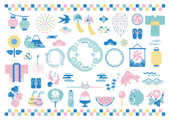 日本の伝統的な夏の素材とフレームセット