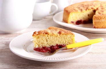 Slice of cherry sponge cake,