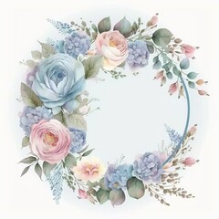 Water Color Pastel Flower and bloom, Wedding decorative perfect circle frame border, AI Genrative 
