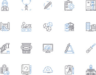 Engineering outline icons collection. Engineering, Design, Construct, Create, Develop, Assemble, Invent vector and illustration concept set. Analyze, Manufacture, Program linear signs