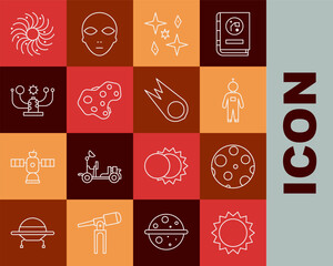 Set line Sun, Moon, Astronaut, Planet, Asteroid, Solar system, Black hole and Comet falling down fast icon. Vector
