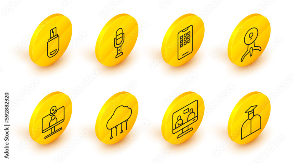 Sticker Set line Student, Online education, Network cloud connection, Video chat conference, Web camera, Mobile phone, Microphone and USB flash drive icon. Vector