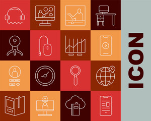 Set line Online book on mobile, Location the globe, play video, education, Computer mouse, Web camera, Headphones and Pie chart infographic icon. Vector