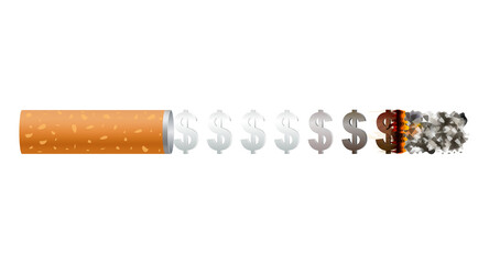 Cigarette is burning money. Dangers of smoking smoking effect with people around and family. Stop smoking, World No Tobacco Day. Money saving concept. Icon 3D file PNG.