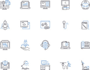 Electronics outline icons collection. electronics, gadgets, TVs, phones, computers, laptops, tablettes vector and illustration concept set. screens, cameras, audio linear signs