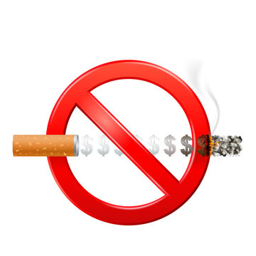 Cigarette is burning money. Forbidden no smoking red sign. Dangers of smoking smoking effect with people around and family. Stop smoking, World No Tobacco Day. Money saving concept. Icon 3D file PNG.