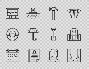 Set line Calendar death, Cemetery digged grave hole, Hammer, Death certificate, Beat dead in monitor, Umbrella, Old with tombstone and Grave icon. Vector