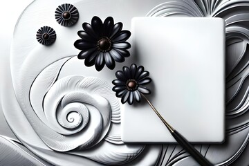 3d-generierte schwarze Blumen und Blätter, ansprechendes Design in schwarz-weiss, leichte Farbtönung, Trauer, Gefühle, Gedanken
