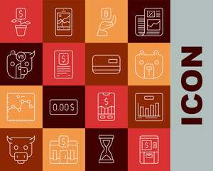 Set line ATM and money, Pie chart infographic, Bear market, Hand holding Bitcoin, Business finance report, Bull bear of stock, Dollar plant and Credit card icon. Vector