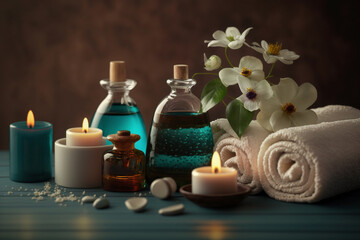 Obraz na płótnie Canvas Spa meditation massage therapy center table setting of aromatic candles towels and oil bottles and flowers, Generative Ai