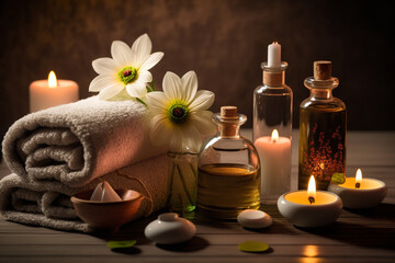 Fototapeta na wymiar Spa meditation massage therapy center table setting of aromatic candles towels and oil bottles and flowers, Generative Ai